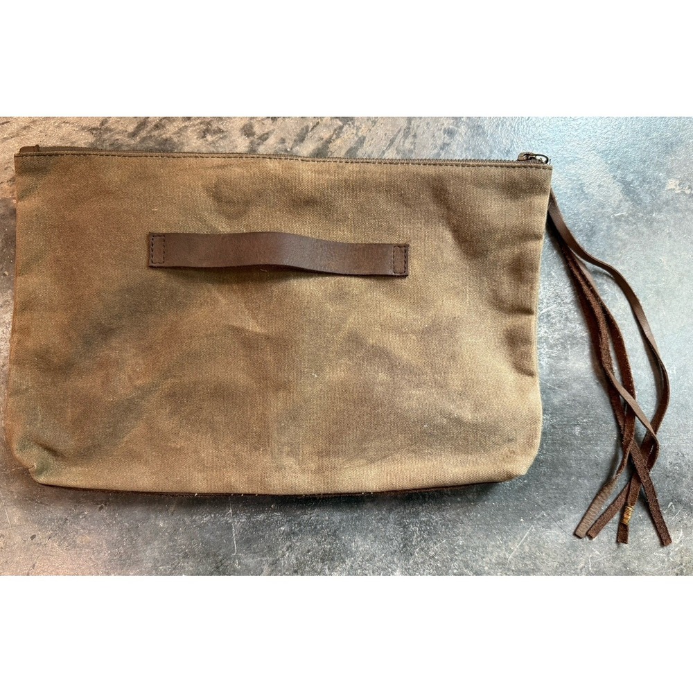 Waxed Canvas Clutch Pouch Army Brown Zip Tassel Leather Handle